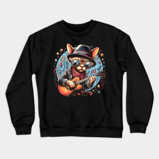 Devon Rex Cat Playing Guitar Crewneck Sweatshirt